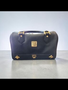 MCM Black Leather Bowler Bag with Gold Hardware